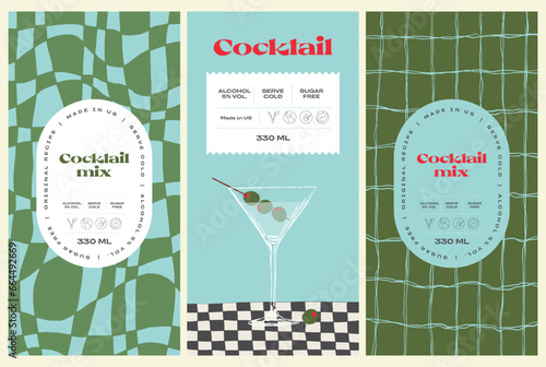 Vector hand drawn cocktail packaging label design template set for cafe or restaurant. Vector beverage package badges set