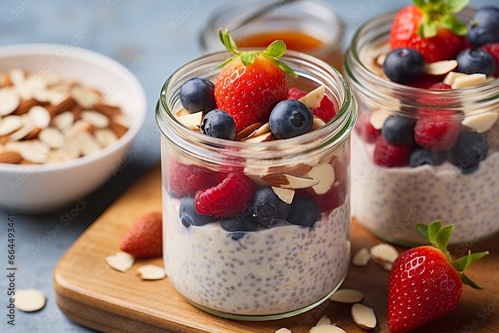 Mixed berries overnight oats with almond flakes in a glass jar, healthy breakfast. Mixed berries overnight oats with almond flakes in a glass jar, healthy breakfast.