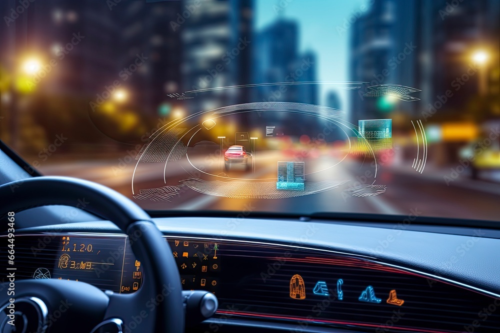 Modern smart car technology intelligent system using Heads up display (HUD) Autonomous self driving mode vehicle on city road with graphic sensor radar signal system intelligent car.