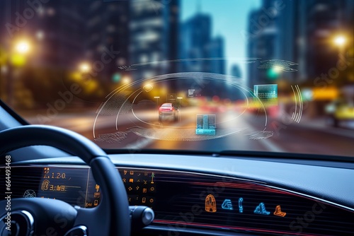 Modern smart car technology intelligent system using Heads up display (HUD) Autonomous self driving mode vehicle on city road with graphic sensor radar signal system intelligent car. © MDBaki