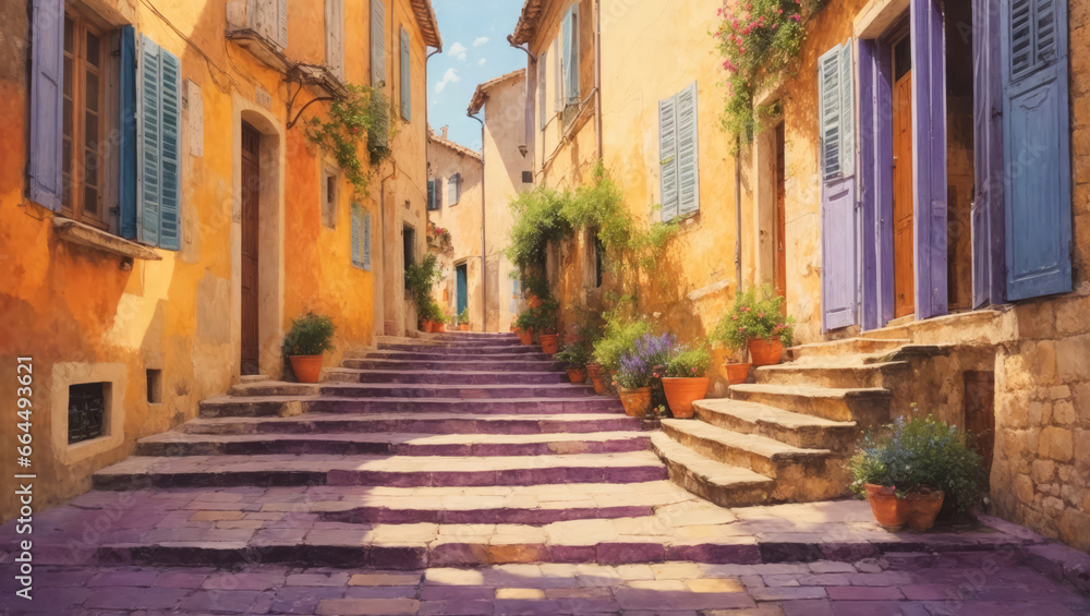 The streets of Italy or Spain are decorated with beautiful colorful flowers, in watercolours
