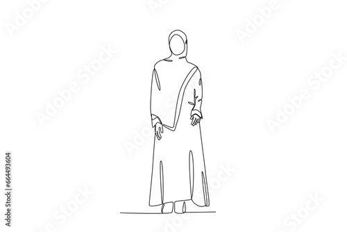 An elegantly dressed Muslim woman. Abaya one-line drawing