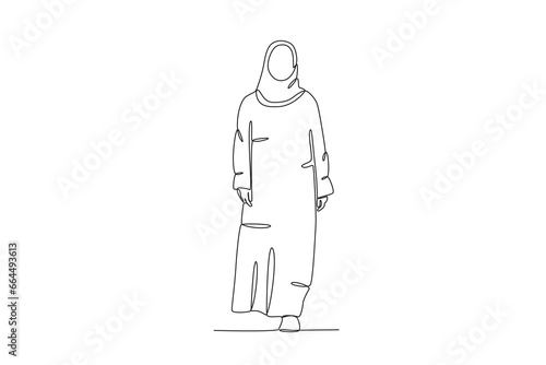 A woman walking wearing an abaya. Abaya one-line drawing