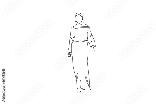 A woman wears an abaya gracefully. Abaya one-line drawing