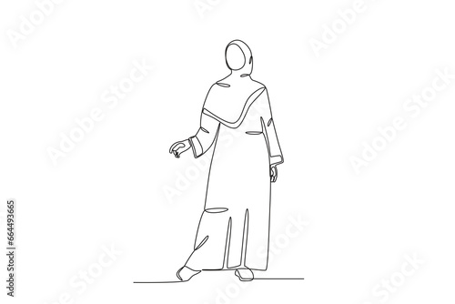 A young woman wearing an abaya. Abaya one-line drawing