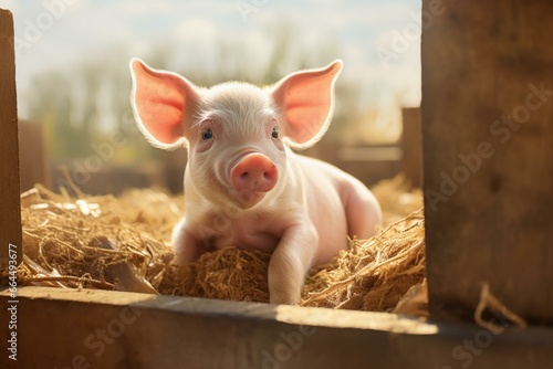 Young pig with rosy ears in a pigsty. Generative AI photo