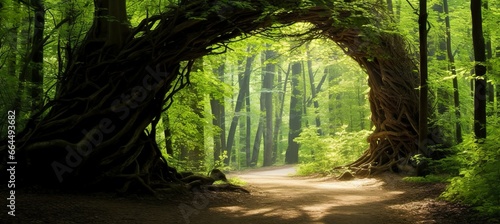 Natural archway shaped by branches in the forest