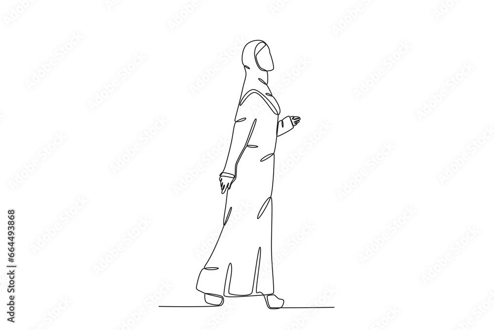 Side view of a woman wearing an abaya. Abaya one-line drawing