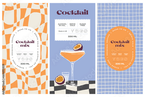 Vector hand drawn cocktail packaging label design template set for cafe or restaurant. Vector beverage package badges set
