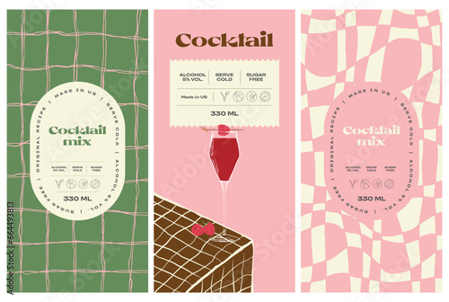 Vector hand drawn cocktail packaging label design template set for cafe or restaurant. Vector beverage package badges set