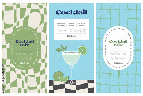 Vector hand drawn cocktail packaging label design template set for cafe or restaurant. Vector beverage package badges set