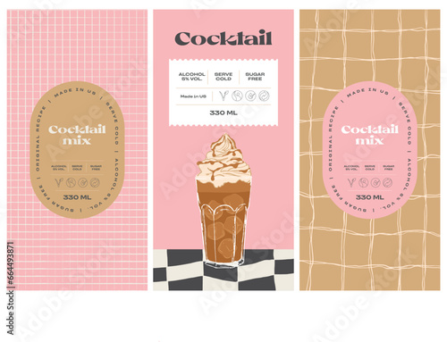 Vector hand drawn cocktail packaging label design template set for cafe or restaurant. Vector beverage package badges set