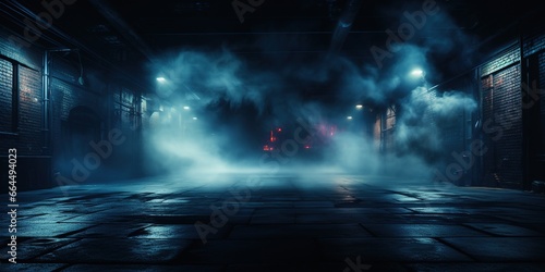 A dark empty street, dark blue background, an empty dark scene, neon light, spotlights The asphalt floor and studio room with smoke float up the interior texture. © Павел Озарчук