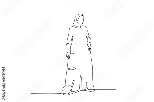 A young woman wears an abaya while stylishly. Abaya one-line drawing