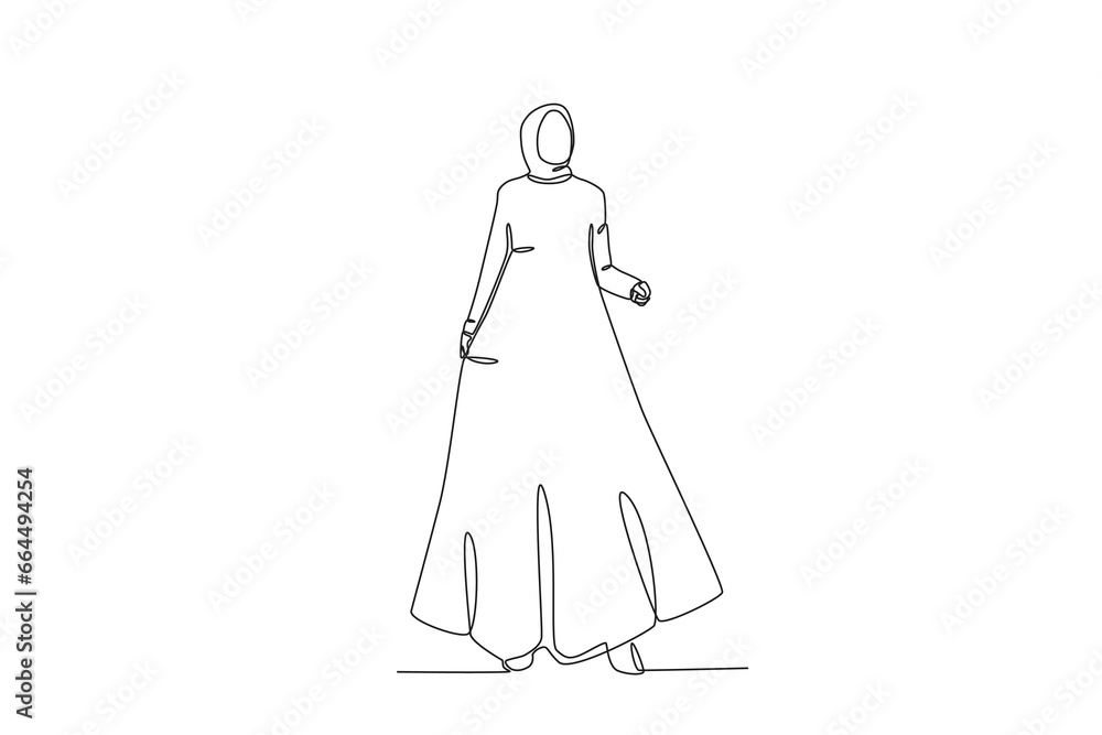 A beautiful woman in an abaya outfit. Abaya one-line drawing A beautiful woman in an abaya outfit. Abaya one-line drawing