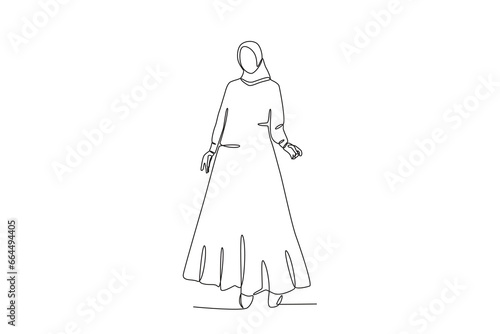 A stylish woman wearing a beautiful abaya. Abaya one-line drawing