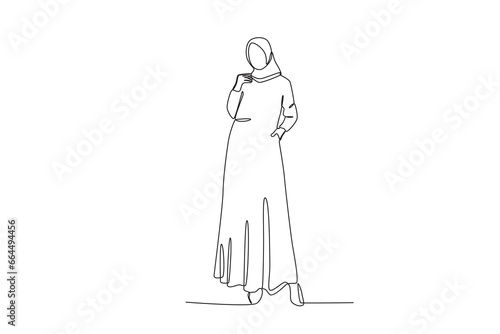 A girl wearing an abaya while posing gracefully. Abaya one-line drawing
