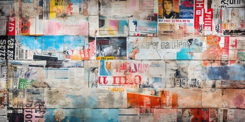Abstract backdrop with collage of newspaper or magazine clippings, colorful grunge background photo
