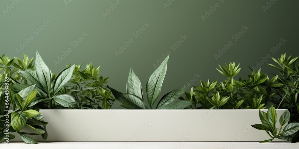 Beautiful white empty podium green plants background mockup product design Beautiful white empty podium green plants background mockup product design