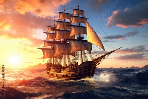 Pirate ship sailing on the ocean at sunset. Vintage cruise. © MDBaki