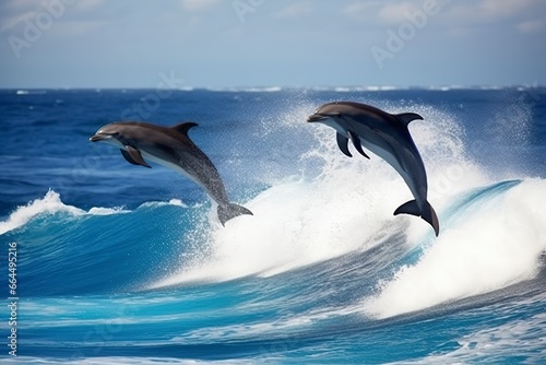 Playful dolphins jumping over breaking waves. Hawaii Pacific Ocean wildlife scenery. © MDBaki