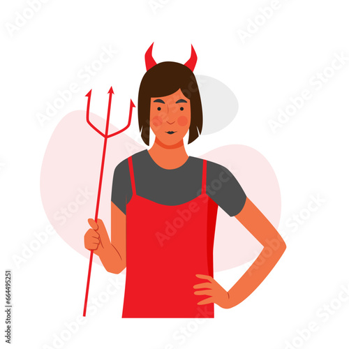 Short hair woman wearing devil custom to celebrate halloween party