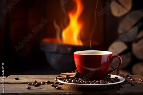 A steaming cup of Red Eye Coffee  freshly brewed and served on a rustic wooden table  with a picturesque backdrop of a cozy coffee shop