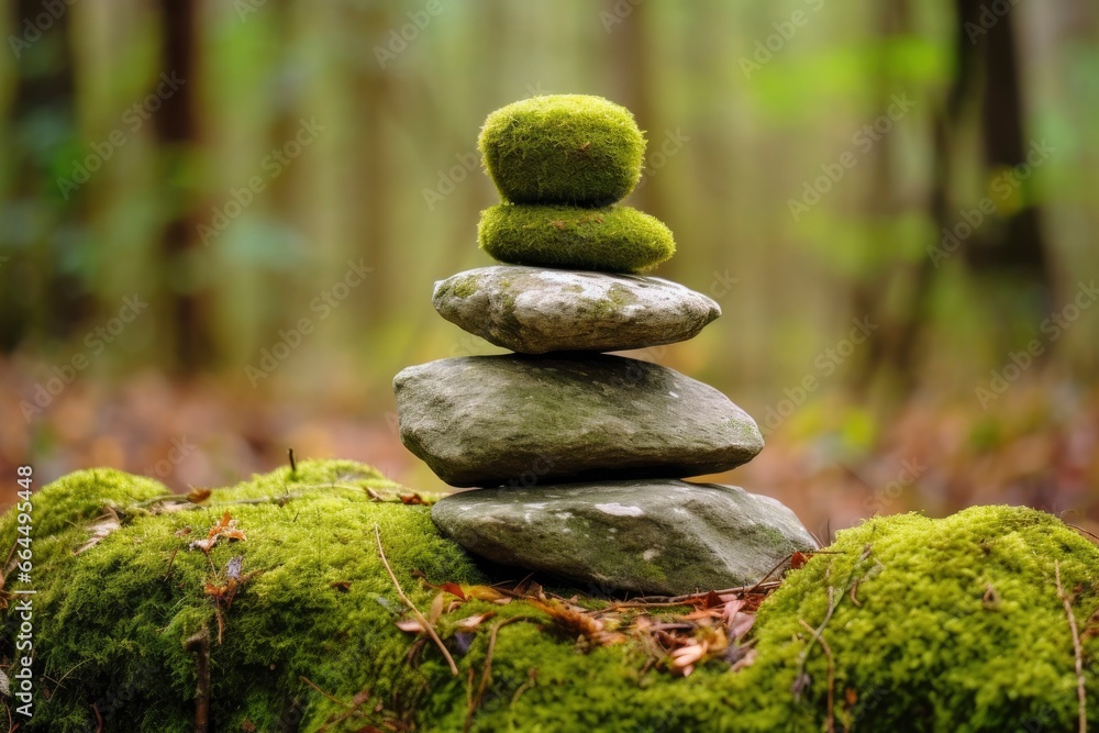 Pyramid stones balance on old mossy fallen tree.