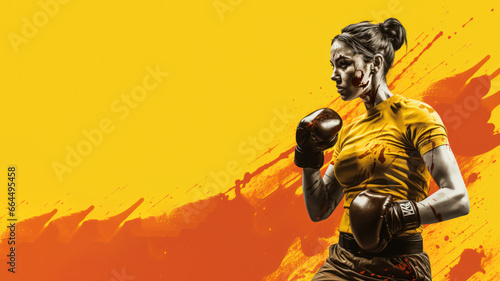 A boxer woman in boxing wear in line art watercolor style