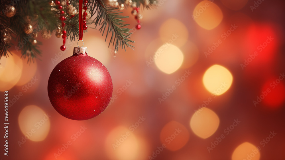 A red christmas ornament and bokeh in the background