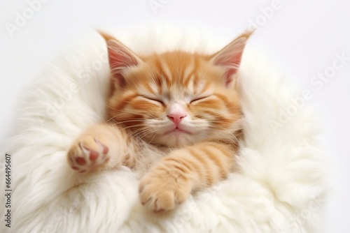 Red kitten, cat sleeping cute on white fur.