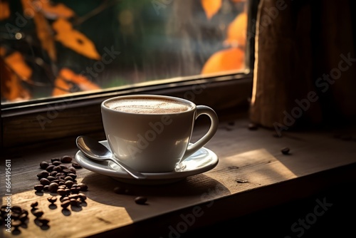 A Warm Hazelnut and Chocolate Latte Sits on a Rustic Wooden Table, Bathed in Soft Morning Light Through a Nearby Window