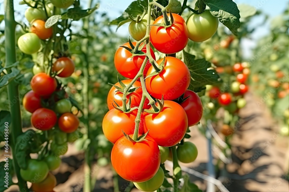 Fresh bunch of red natural tomatoes on a branch in vegetable garden.