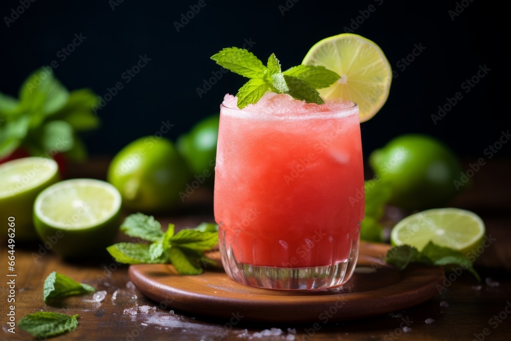 A Vibrant Close-Up Shot Capturing the Refreshing Essence of Homemade Guava Limeade, Garnished with a Slice of Lime and Fresh Mint Leaves A Vibrant Close-Up Shot Capturing the Refreshing Essence of Homemade Guava Limeade, Garnished with a Slice of Lime and Fresh Mint Leaves