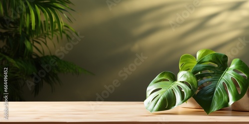 Empty wooden podium with monstera leaves on background  natural shadows design. Beauty product display. Organic Natural concept. Mock up  Spa