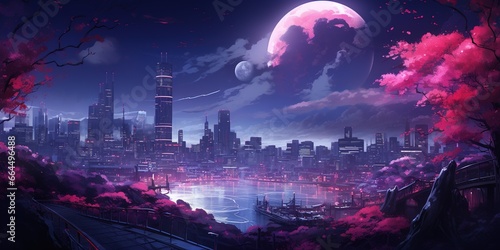 Fantasy Japanese night view city citycape, neon pink light, residential buildings, big sakura tree. Night urban anime fantasy setting downtown background.