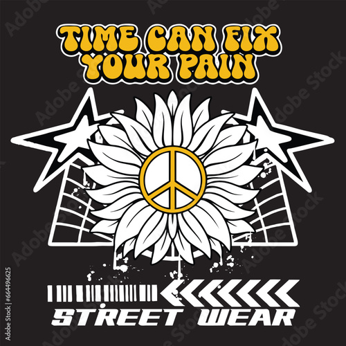 Graffiti sun flower street wear illustration with slogan time can fix your pain