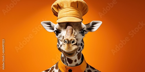 Giraffe in a chef's hat on an orange background.