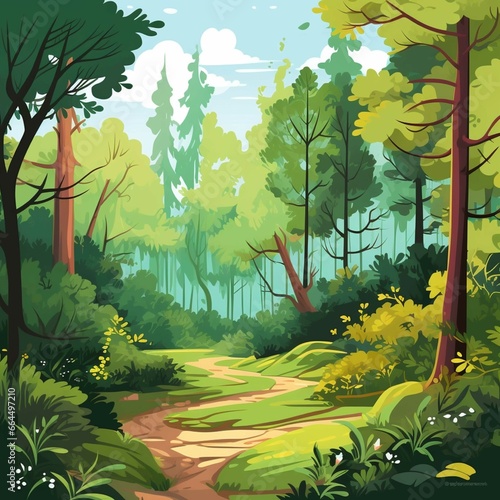 Beautiful forest landscape. Vector illustration in flat cartoon style. Nature background