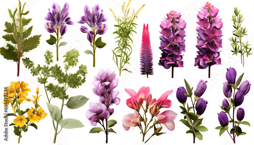 Beautiful Bulgarian flowers and nature elements, set of various types of Chaste tree and Henbane, Alfalfa, isolated on white background