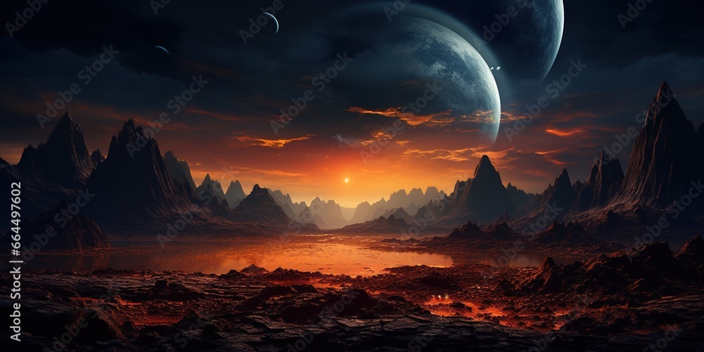 Landscape of an alien planet, view of another planet surface, science fiction background. Landscape of an alien planet, view of another planet surface, science fiction background.