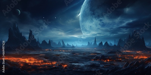Landscape of an alien planet, view of another planet surface, science fiction background. photo