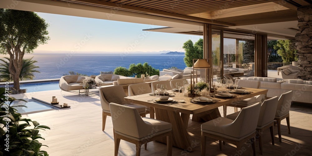 Mediterranean interior design of modern dining room in seaside villa with stunning sea view.
