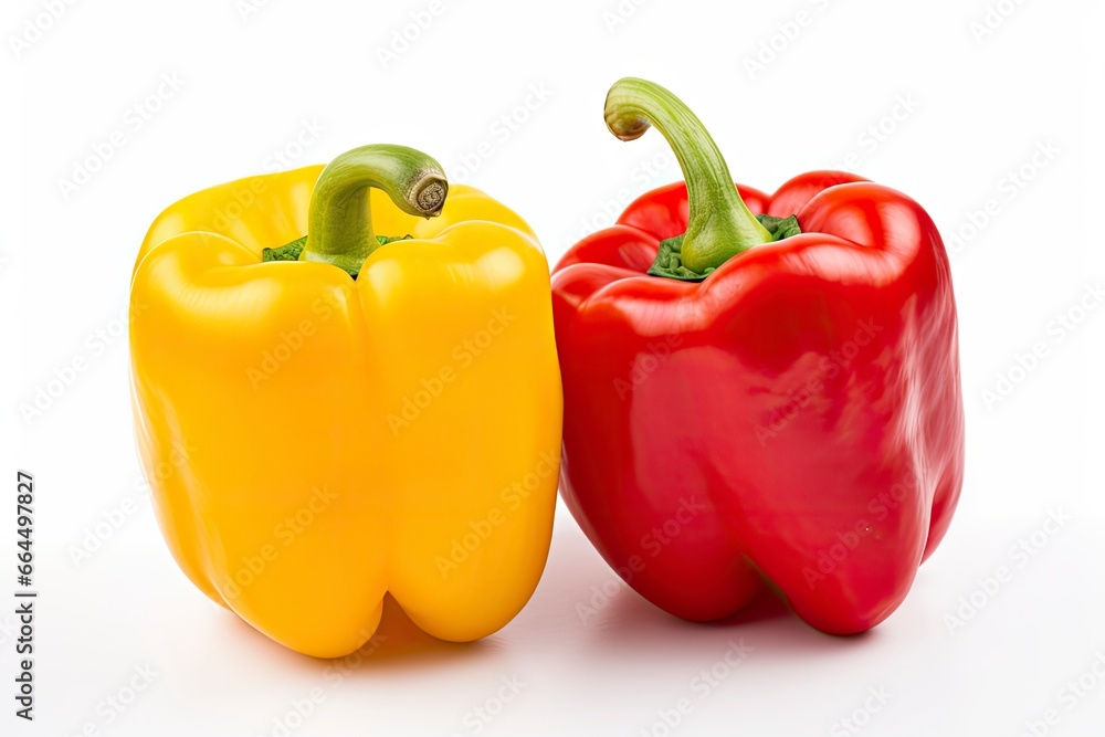 Two bell peppers, a red and a yellow isolated on white background. Two bell peppers, a red and a yellow isolated on white background.
