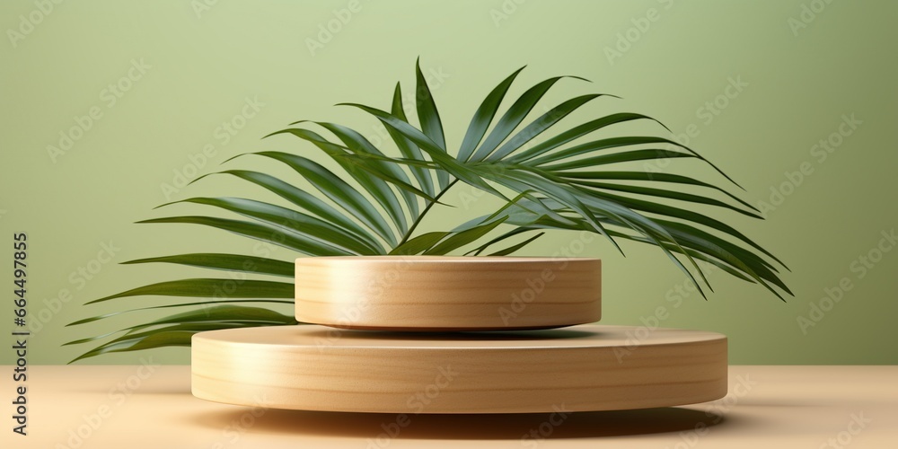 Minimal natural wood podium with green palm leaf with sunlight background. Minimal wooden stand for branding and packaging presentation. Minimal natural wood podium with green palm leaf with sunlight background. Minimal wooden stand for branding and packaging presentation.