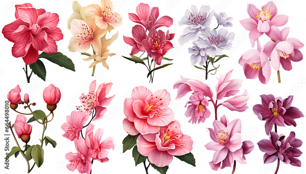 Beautiful Chinese flowers and nature elements, set of various types of Peony, Plum Blossom, Azalea and Orchid isolated on white background
