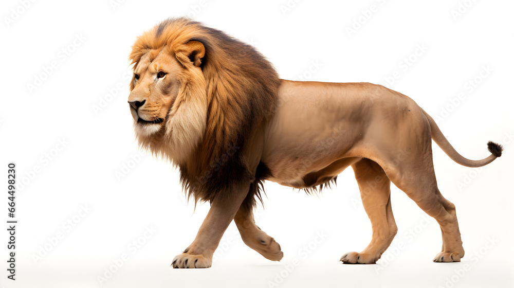 A lion walking past isolated on white
