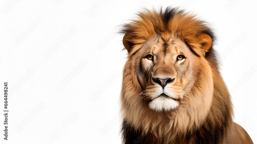 A male lion sitting looking at the camera, isolated on white