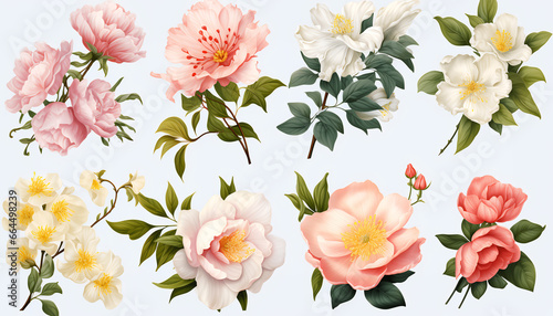 Beautiful Chinese flowers and nature elements, set of various types of Hibiscus and Peach flower, Sweet Osmanthus, Moutan Peony on isolated background