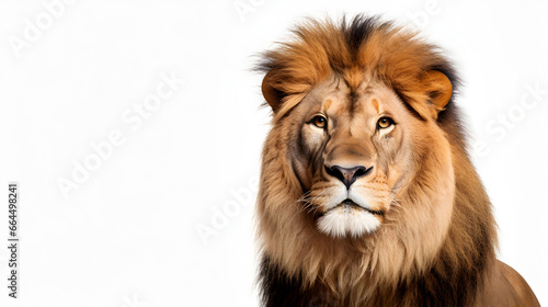 A male lion sitting looking at the camera  isolated on white